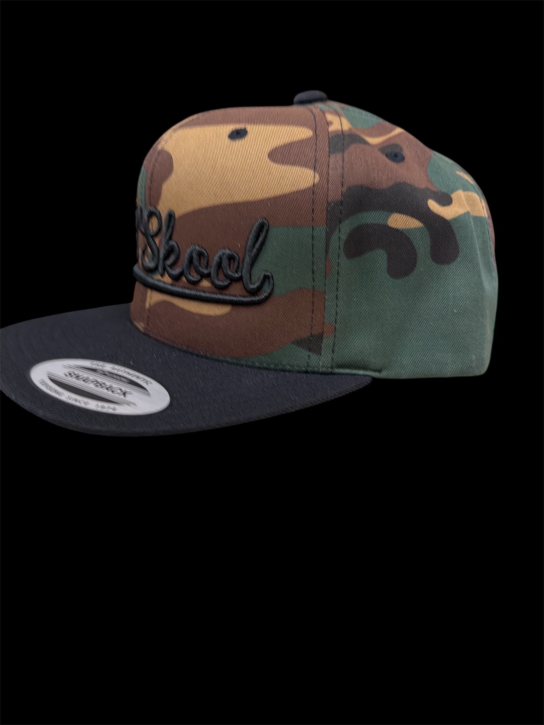 Black on Camo Vintage Script Hat