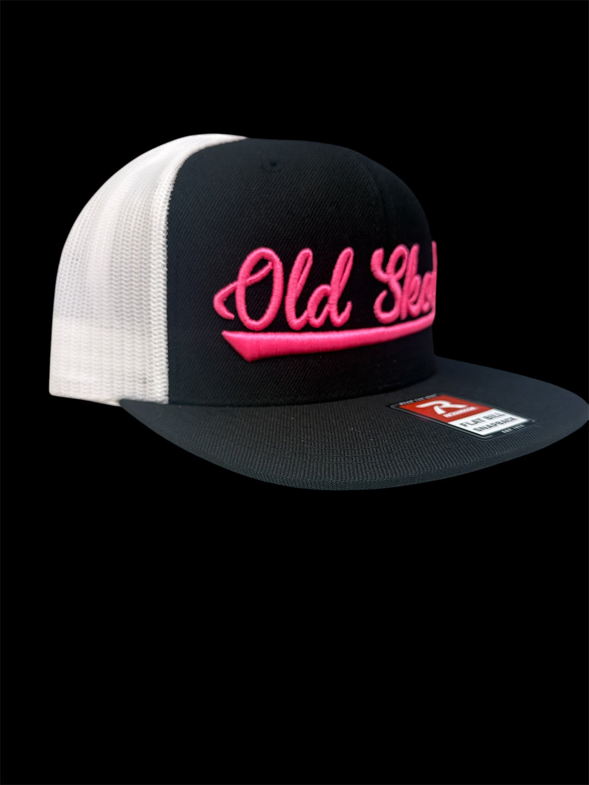 Pink on black and white vintage script hat