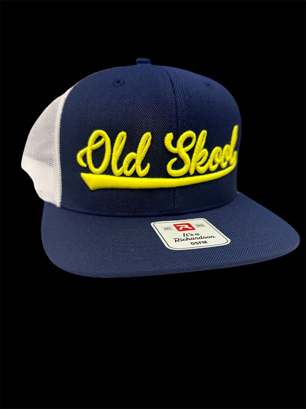 Neon yellow on navy blue and white vintage script hat
