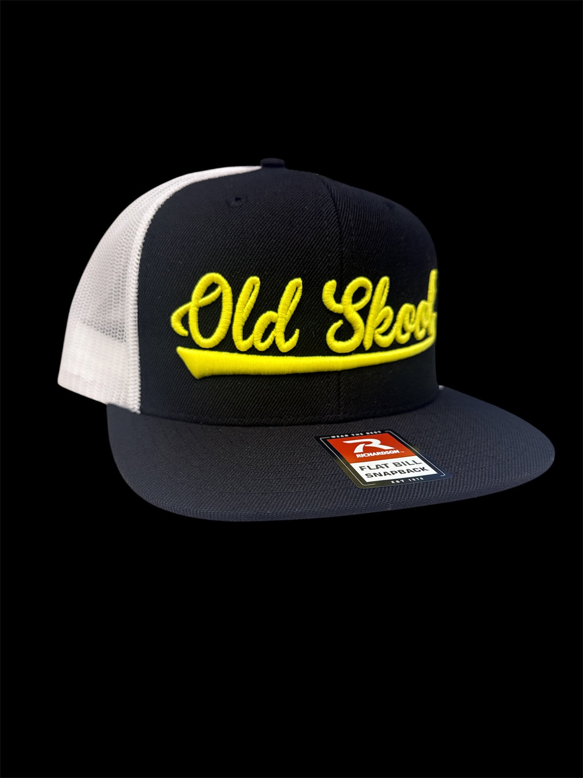 Neon Yellow on black and white vintage script hat