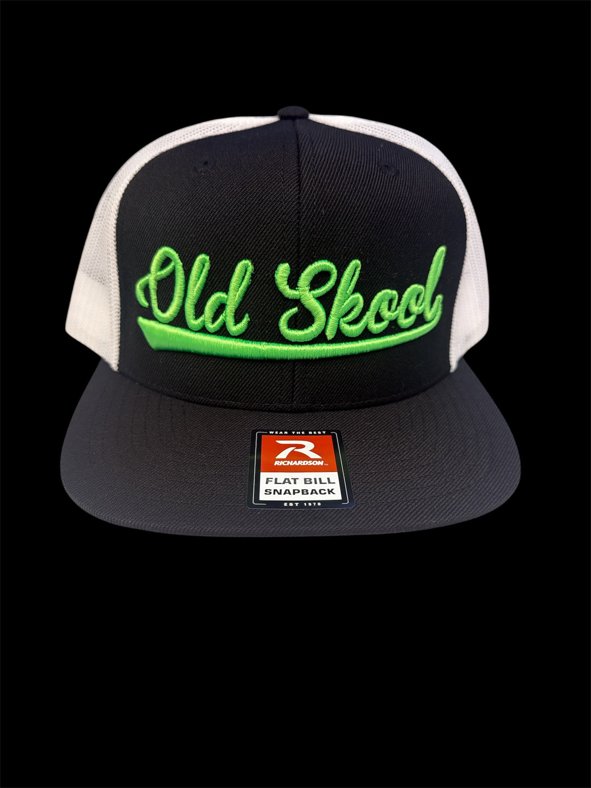 Neon green on black and white vintage script hat