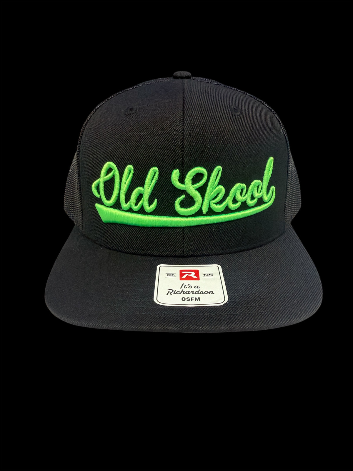 Neon green on black vintage script hat