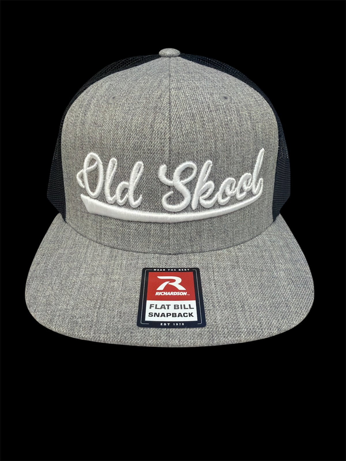 White on gray and black vintage script hat