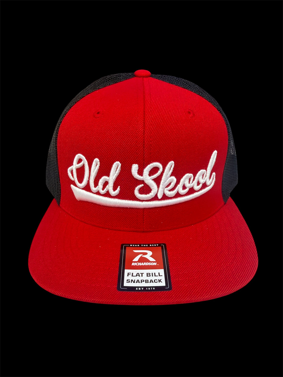 White on red and black vintage script hat
