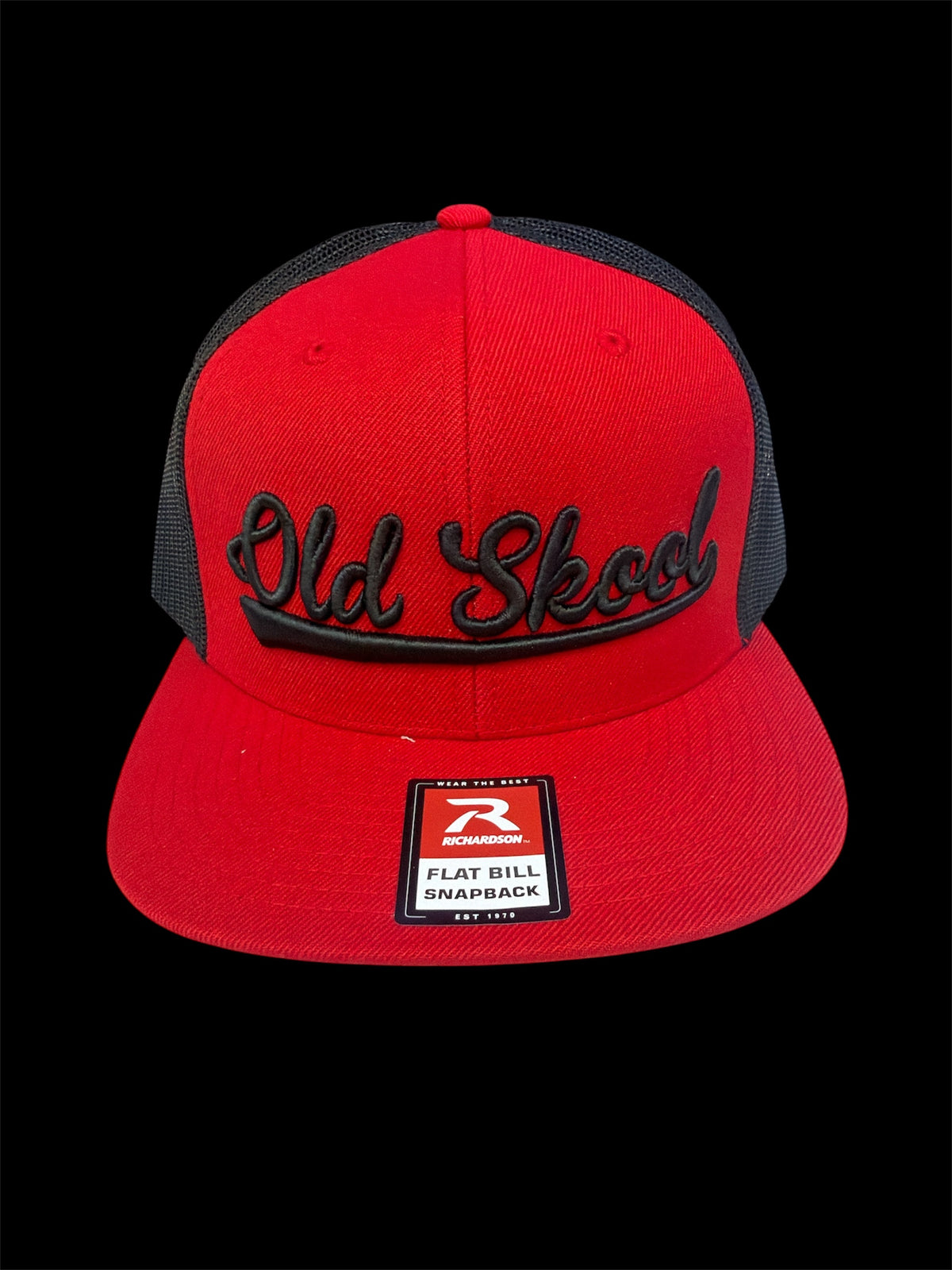 Black on red and black vintage script hat