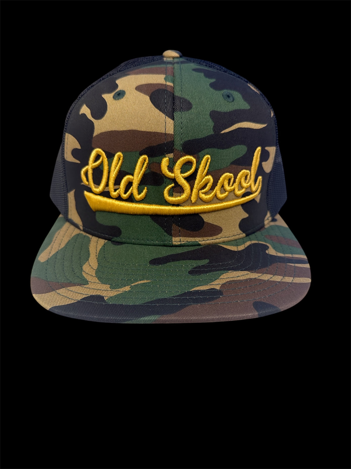 Gold on camo and black vintage script hat