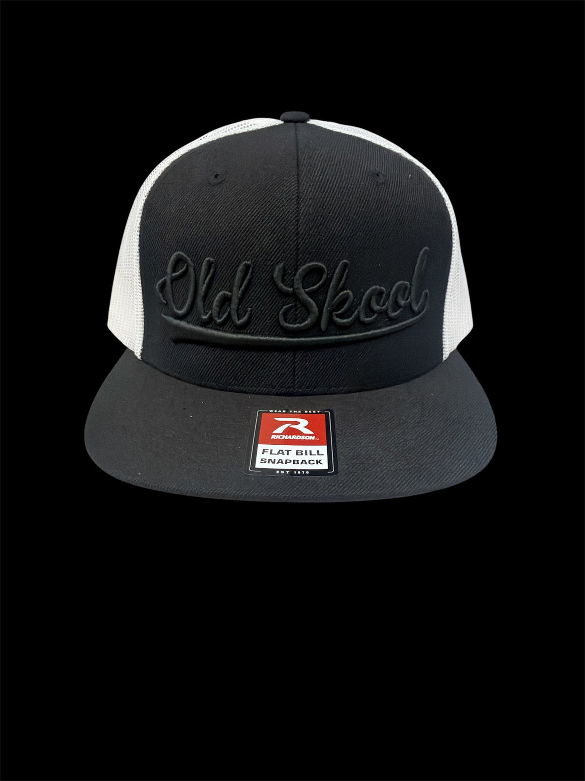 Black on black and white vintage script hat