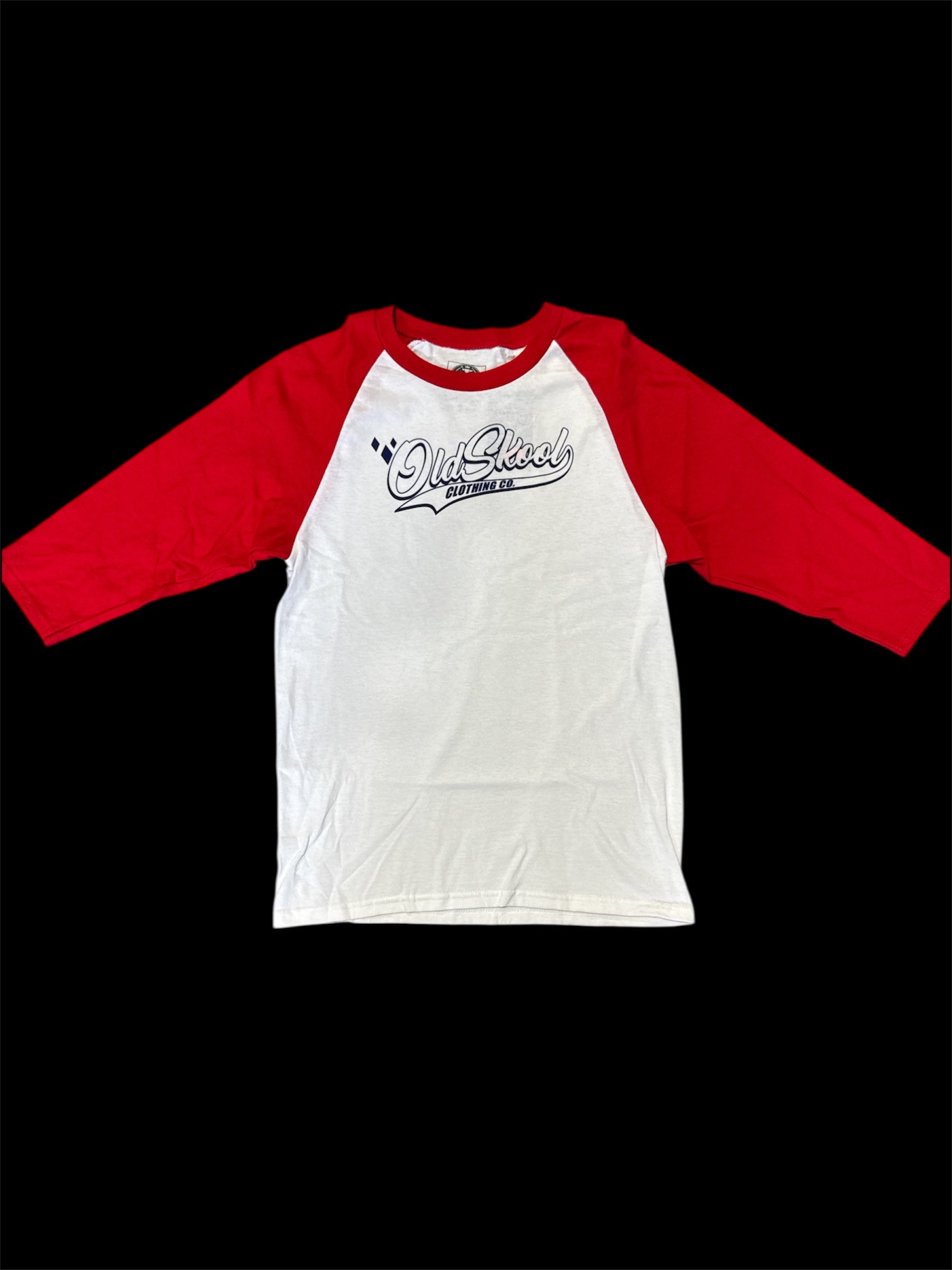 Red Oldskool Baseball Tee, Navy Lettering