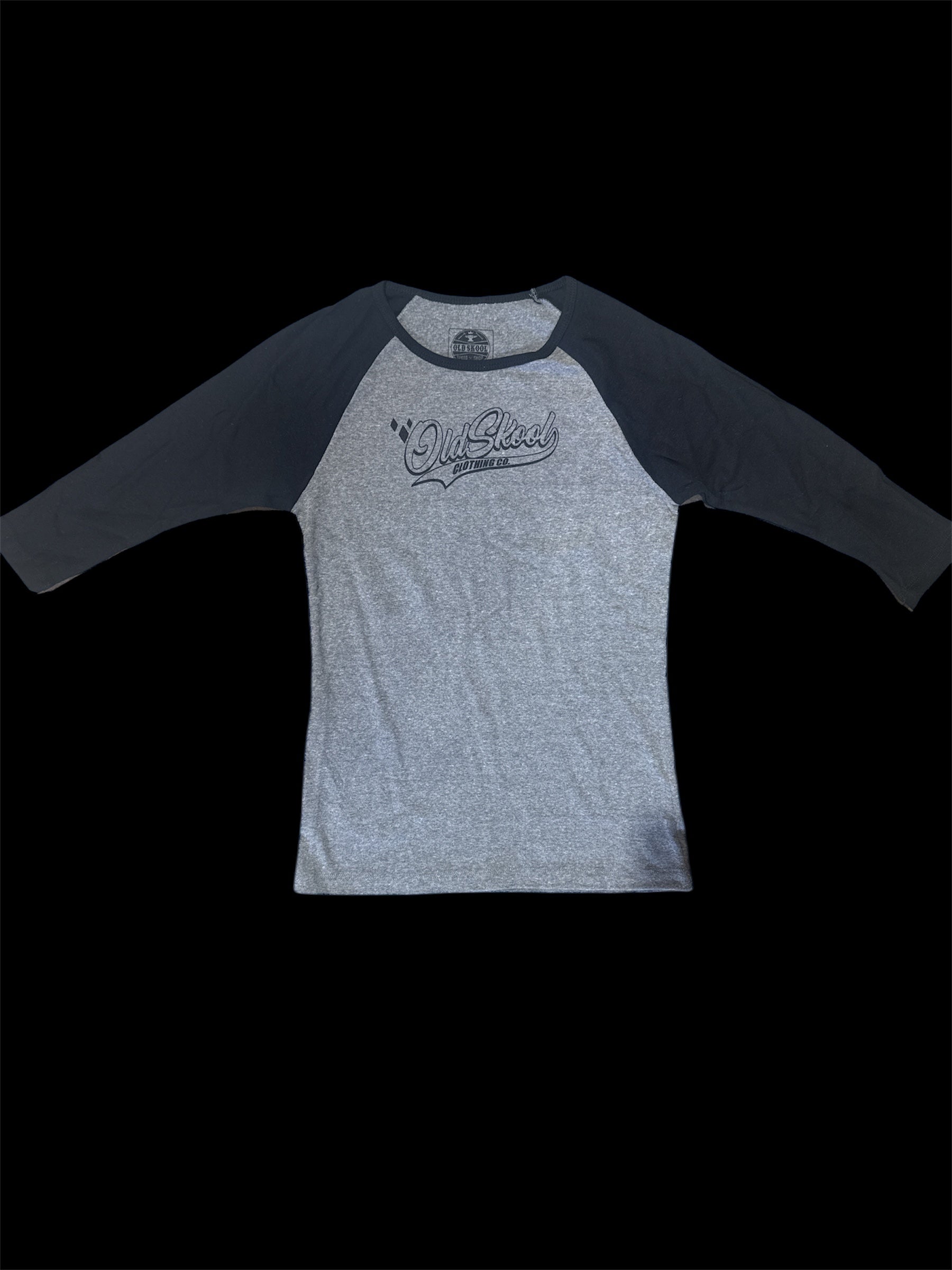 Women’s Grey Oldskool Baseball Tee, Black Lettering