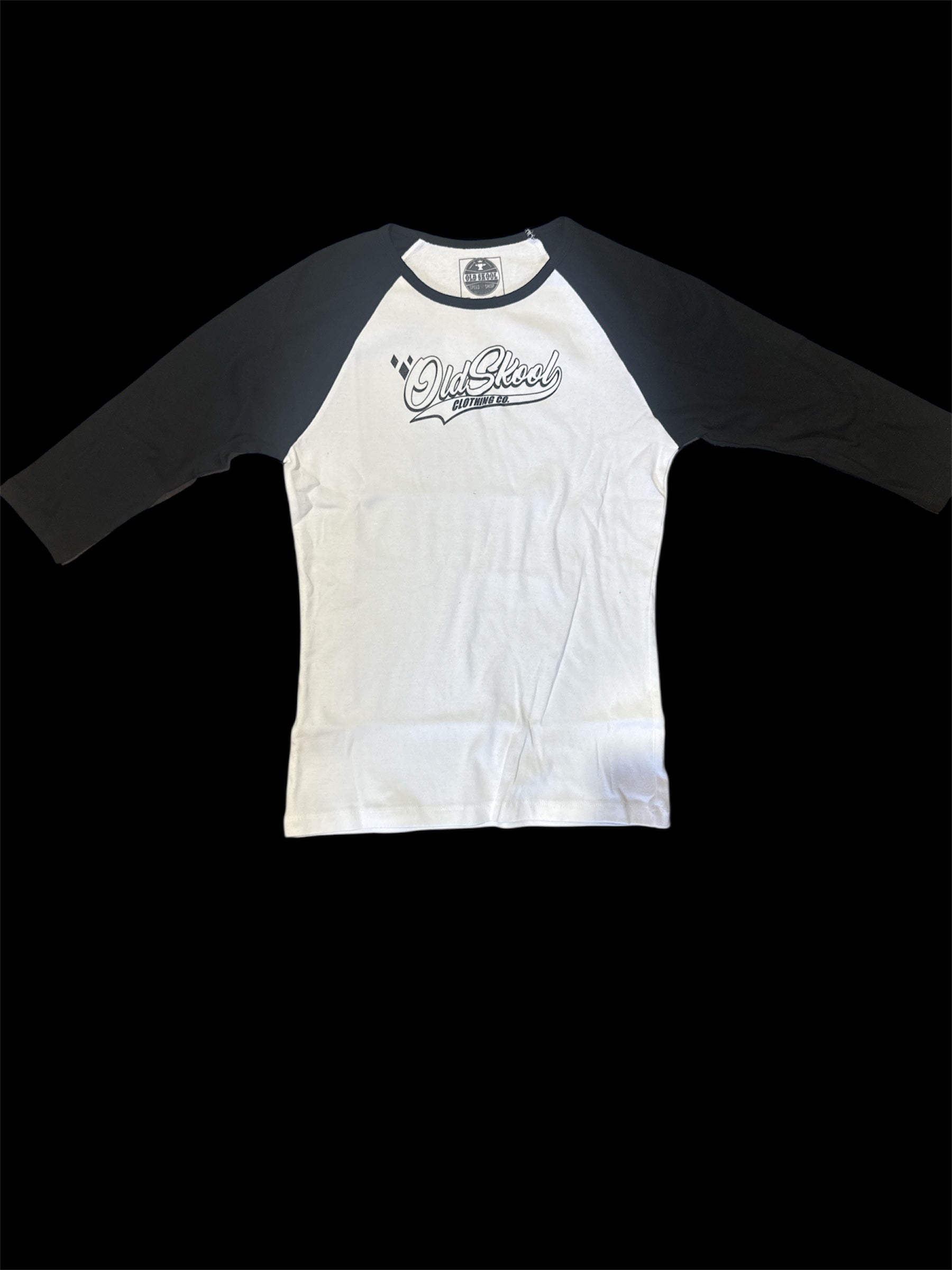 Women’s White Oldskool Baseball Tee, Black Lettering