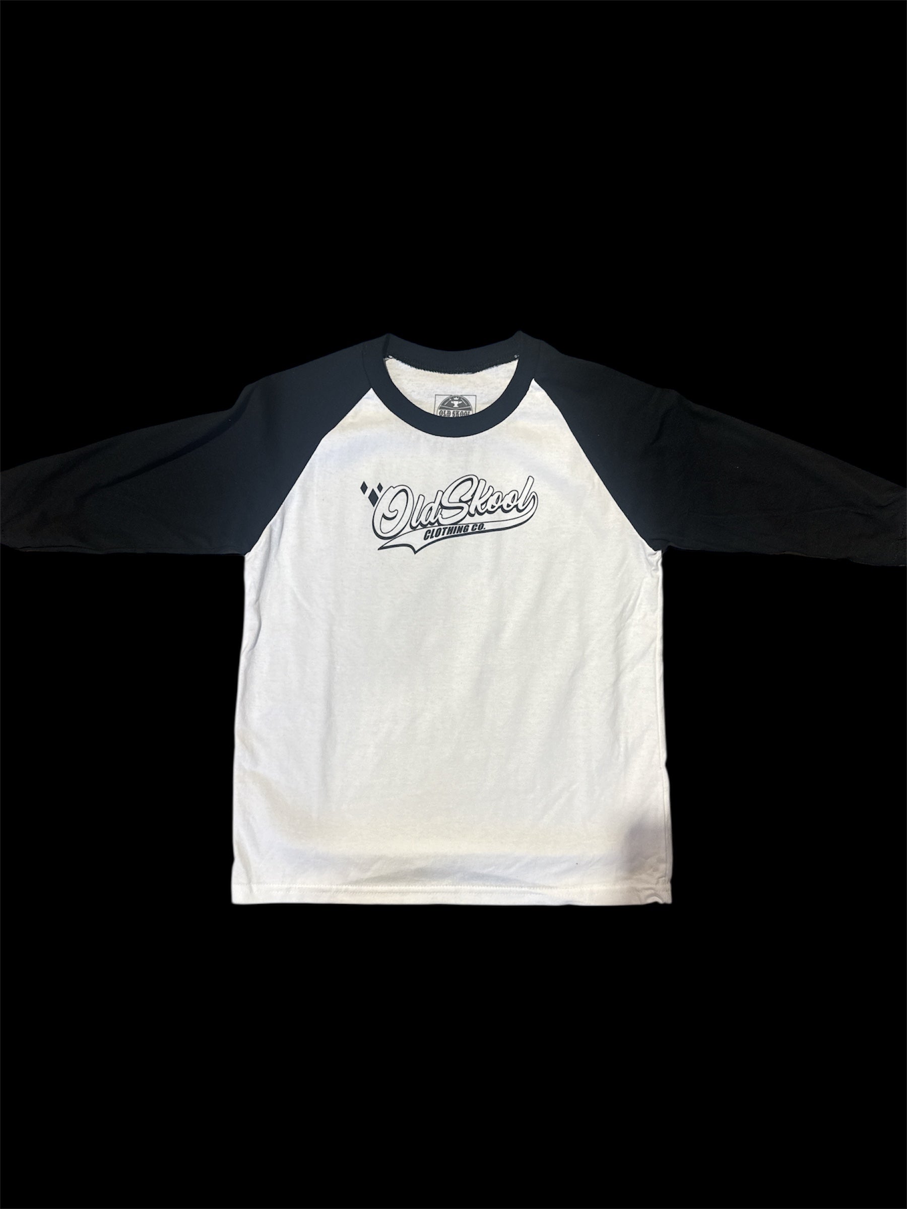 Youth White Oldskool Baseball Tee, Black Lettering